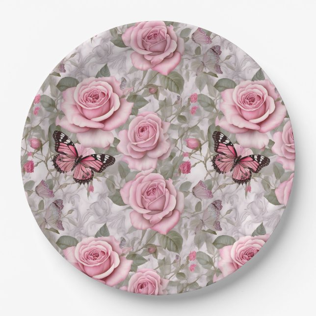Pale Pink Butterflies and Roses Floral Paper Plates (Front)