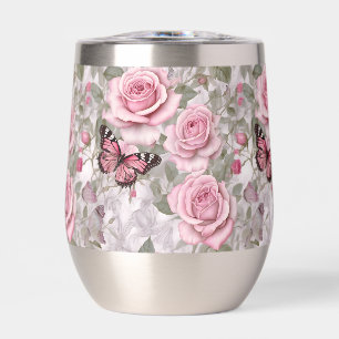 Pale Pink Butterflies and Roses Floral Thermal Wine Tumbler