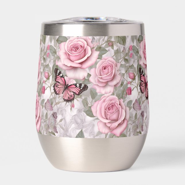 Pale Pink Butterflies and Roses Floral Thermal Wine Tumbler (Front)