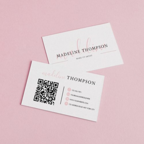 Pale Pink Calligraphy Script QR code Business card