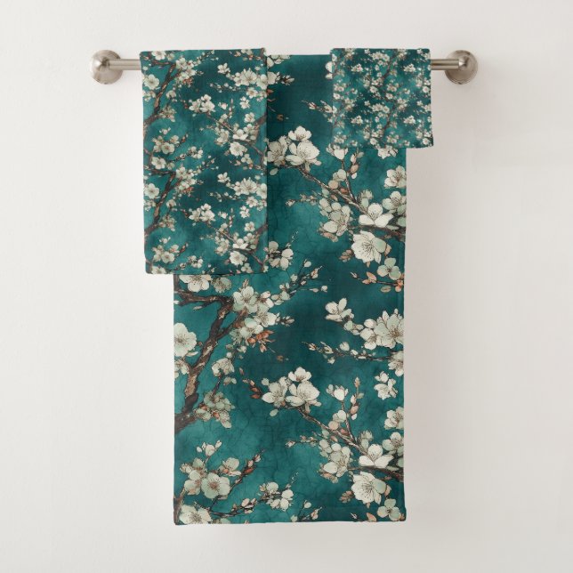 Pale Pink Cherry Blossoms on Aqua Teal Background Bath Towel Set (Insitu)