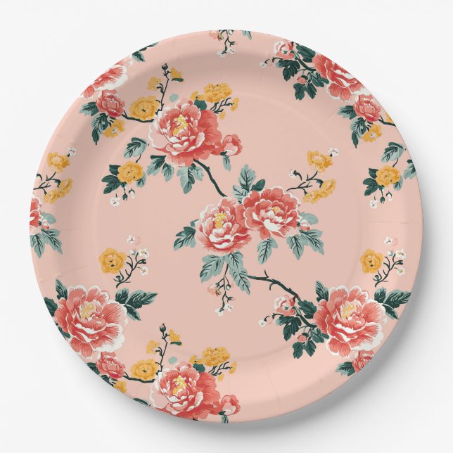 Pale Pink Chinoiserie Floral Paper Plates (Front)