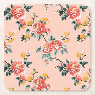 Pale Pink Chinoiserie Floral Square Paper Coaster