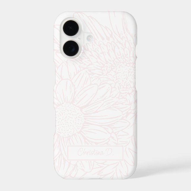 Pale Pink Chrysanthemums Line Drawing with Name iPhone Case (Back)