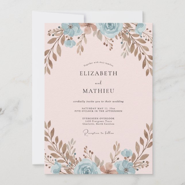 Pale Pink Copper Leafy Wedding Invitation (Front)