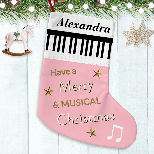 Pale Pink Cute Festive Piano Keys Personalized Small Christmas Stocking (A personalized Christmas stocking in pink, with piano keys, festive greeting, stars and music notes)