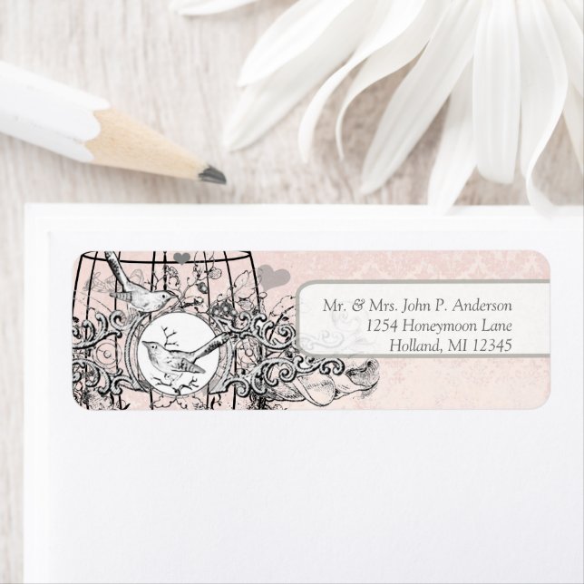 Pale Pink Damask Musical Vintage Bird Cage Label (Insitu)