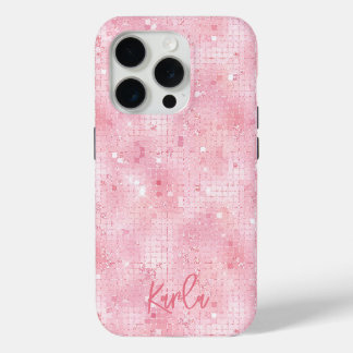 Pale pink disco mirrors glitter | custom monogram iPhone 15 pro case