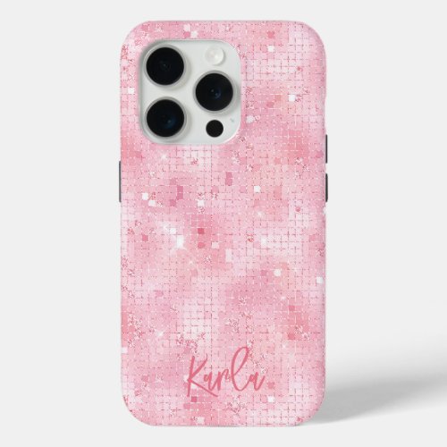 Pale pink disco mirrors glitter  custom monogram iPhone 15 pro case