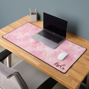 Pale pink disco mirrors glitter custom monogram desk mat