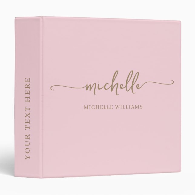Pale Pink Elegant Monogram Name Gold Script  3 Ring Binder (Front/Spine)