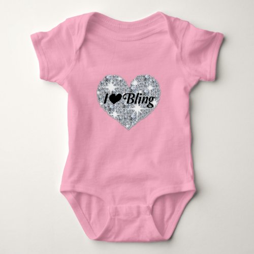 Pale pink Faux diamond heart I Love Bling design Baby Bodysuit