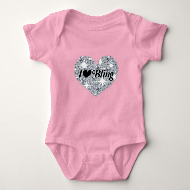 Pale pink Faux diamond heart 'I Love Bling' design Baby Bodysuit (Front)