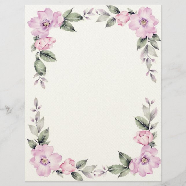 Pale Pink Floral Border Stationery Paper (Front)