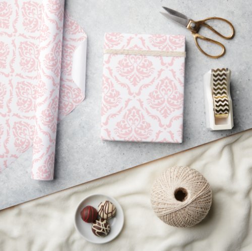 Pale Pink Floral Damask Pattern On White Wrapping Paper