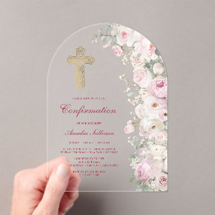 Pale Pink Flowers Arch Confirmation Acrylic Invitations