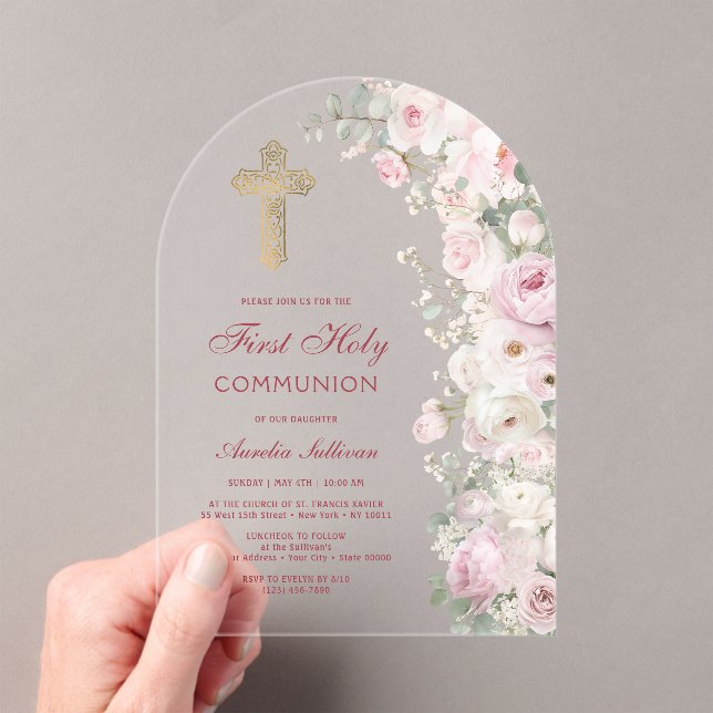 Pale Pink Flowers Arch First Communion Clear Acrylic Invitations (Insitu (Handheld))