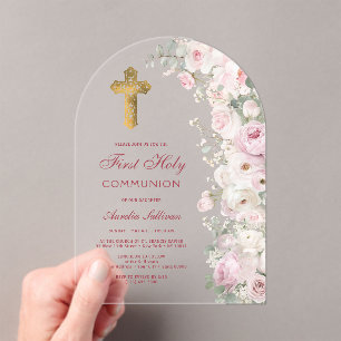 Pale Pink Flowers Arch First Communion Clear Acrylic Invitations