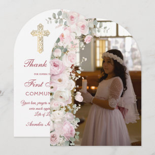 Pale Pink Flowers First Communion Thank You Card