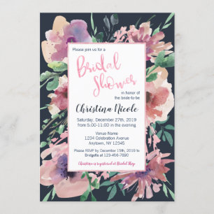 Pale Pink Foil Dark Navy Grey Floral Bridal Shower Invitation