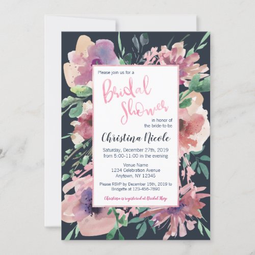 Pale Pink Foil Dark Navy Grey Floral Bridal Shower Invitation