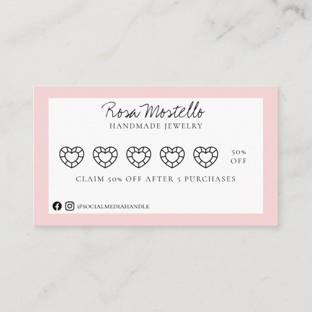 Pale Pink Gem Script Logo Handmade Jewelry Loyalty Business Card (Back)