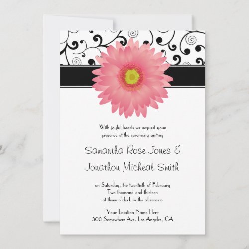 Pale Pink Gerbera Daisy Scroll Design Wedding Personalized Announcement