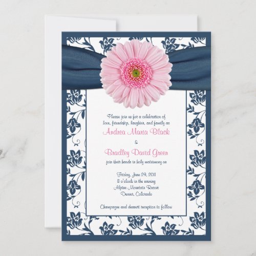 Pale Pink Gerbera Navy Floral Wedding Invitation