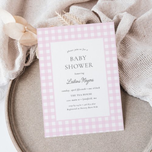 Pale Pink Gingham Classic Girls Baby Shower Invitation