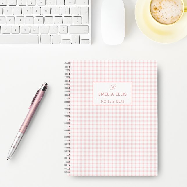 Pale Pink Gingham Grandmillennial  Monogram Name N Notebook (Creator Uploaded)