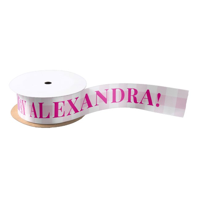 Pale Pink Gingham Plaid and Fuchsia Happy Birthday Satin Ribbon (Spool)