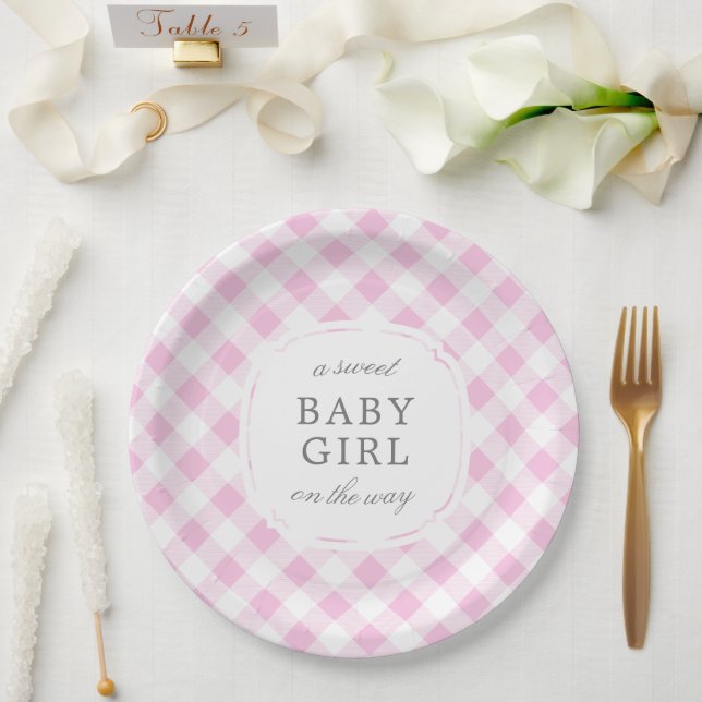 Pale Pink Gingham Plaid Sweet Baby Girl Paper Plates (Wedding)