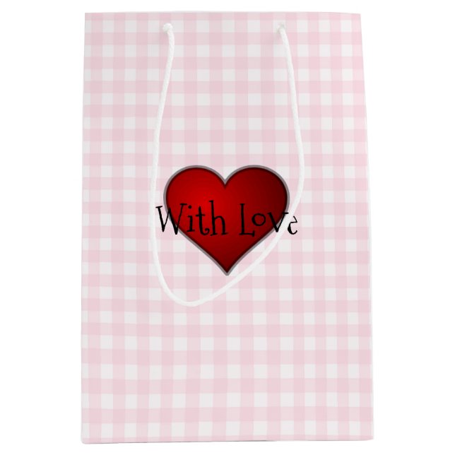 Pale Pink Gingham Red heart With Love Medium Gift Bag (Front)