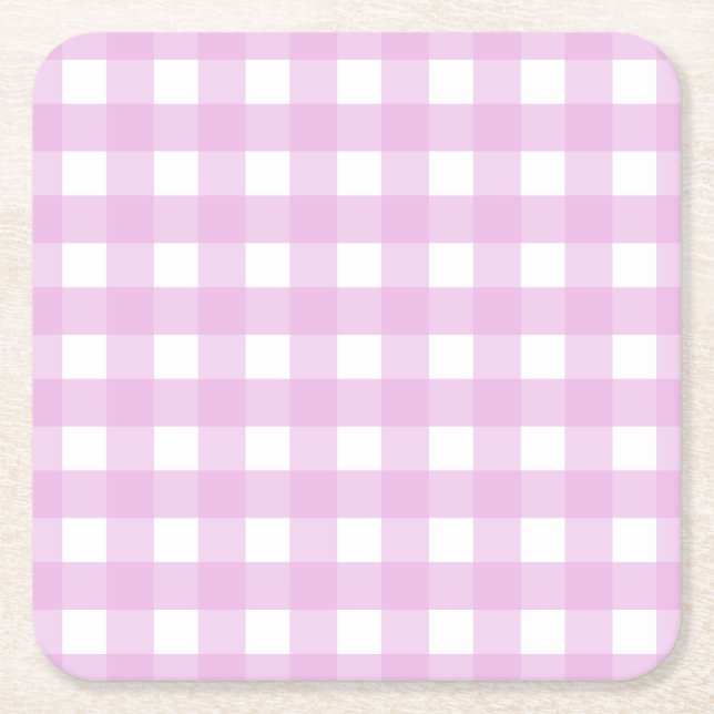 Pale pink gingham square paper coaster (Front)