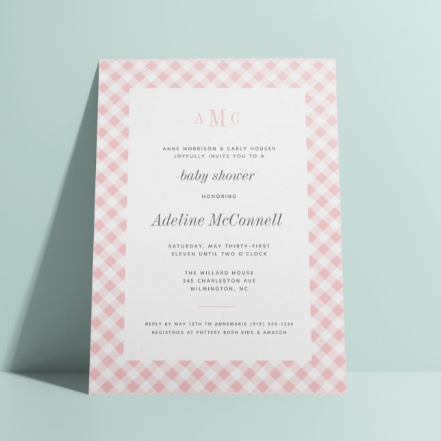 Pale Pink Gingham Traditional Baby Shower Invitation