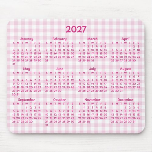 Pale Pink Gingham Whimsical 2027 Calendar Mouse Pad