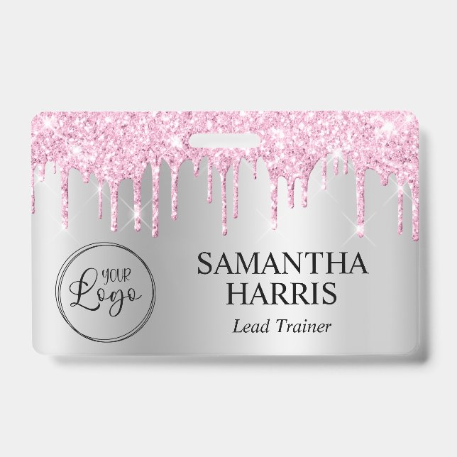 Pale Pink Glitter Drips Silver Shimmer Badge (Front)