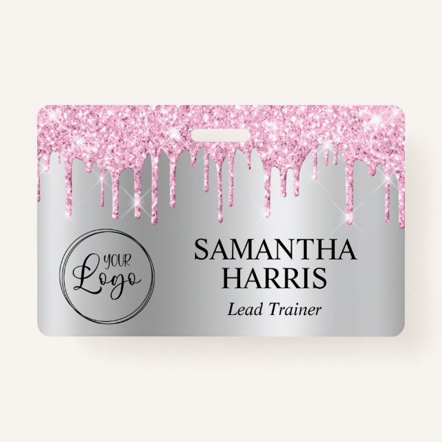 Pale Pink Glitter Drips Silver Shimmer Badge (Front)