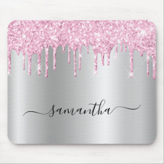Pale Pink Glitter Drips Silver Shimmer Mouse Pad
