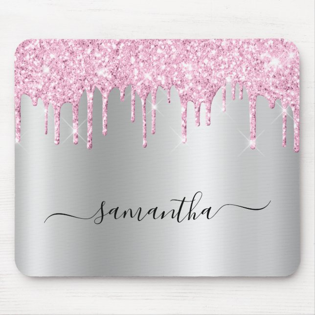 Pale Pink Glitter Drips Silver Shimmer Mouse Pad (Front)