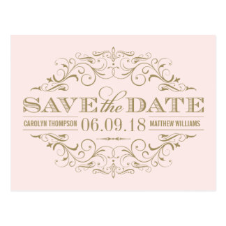 Pale Pink Gold Save the Date | Swirl and Flourish Postcard