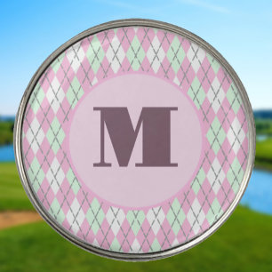 Pale Pink green argyle custom monogram ladies Golf Ball Marker