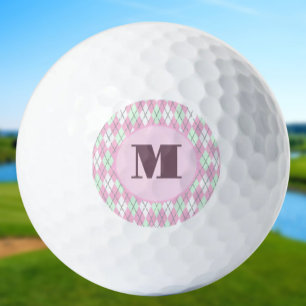 Pale pink green argyle custom monogram ladies golf balls