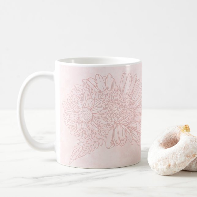 Pale Pink Grunge with Name and Chrysanthemums Coffee Mug (With Donut)