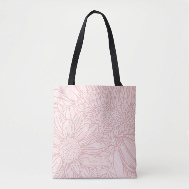 Pale Pink Grunge with Name and Chrysanthemums Tote Bag (Front)