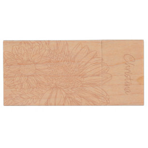 Pale Pink Grunge with Name and Chrysanthemums Wood Flash Drive