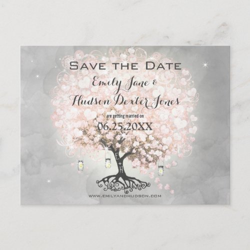 Pale Pink Heart Leaf Tree Wedding Announcement Postcard