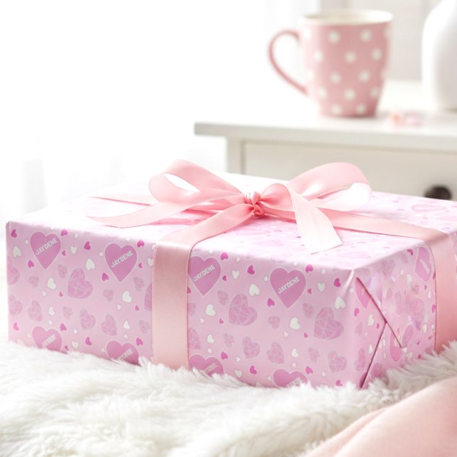 Pale Pink Hearts And Name Wrapping Paper (Pale pink hearts + your name = the prettiest gift wrap ever.)