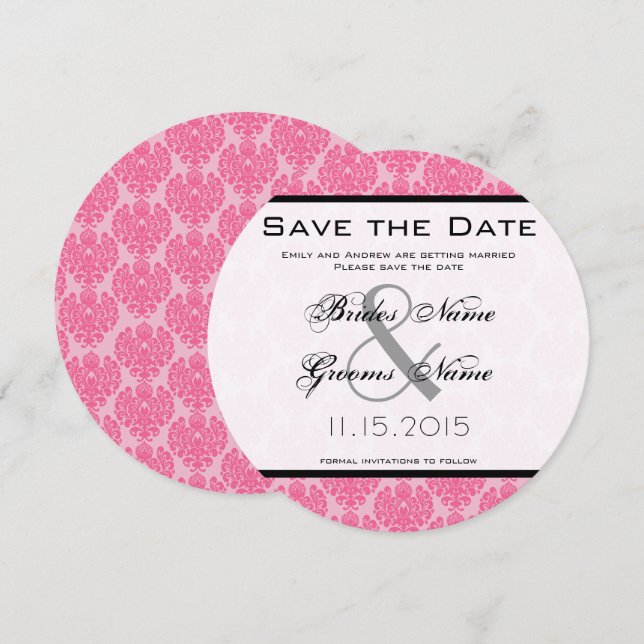 Pale Pink Hot Pink Damask Wedding Save the Date Invitation (Front/Back)