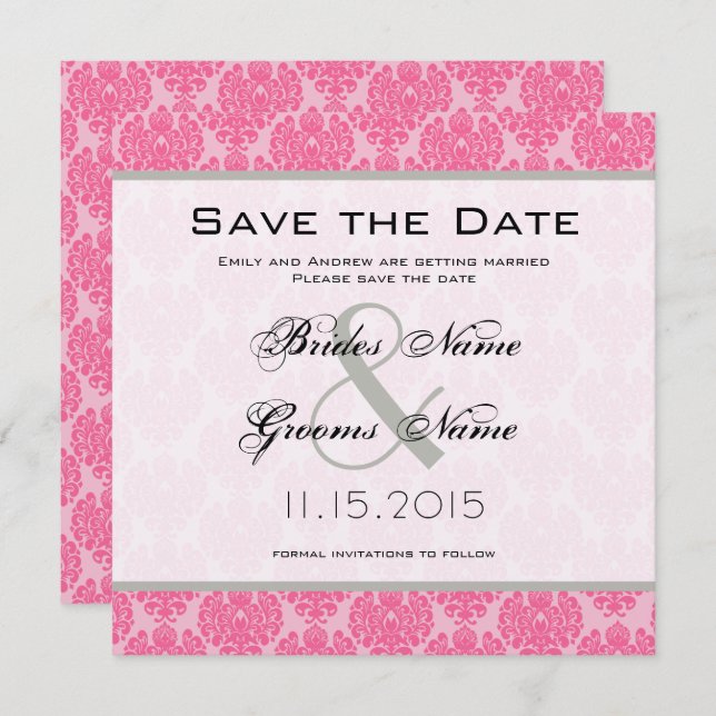 Pale Pink Hot Pink Damask Wedding Save the Date Invitation (Front/Back)